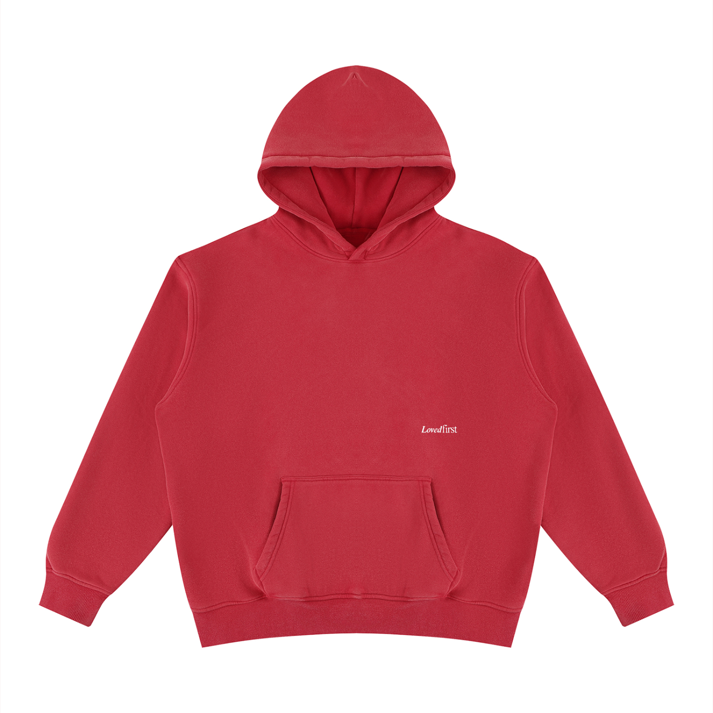 A red pullover hoodie with a kangaroo pocket and a small white 'LovedFirst' logo printed on the left chest, displayed on a clean white background.