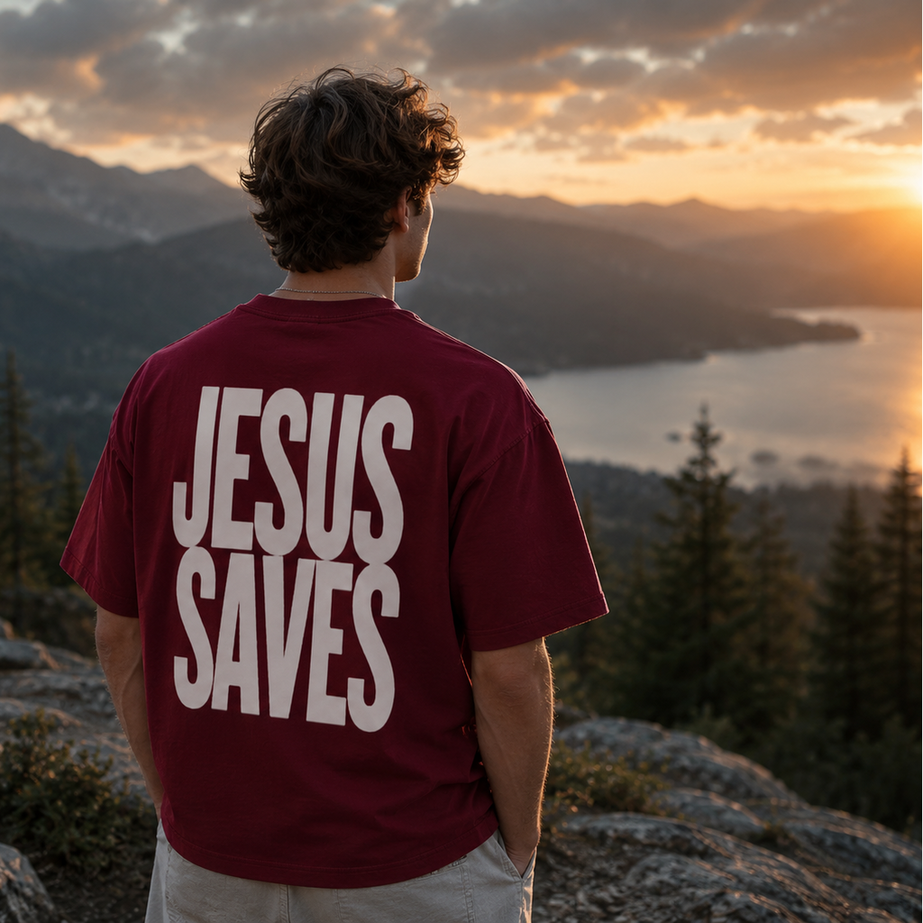 A man viewed from behind wearing a wine red t-shirt with the words 'JESUS SAVES' printed in bold white letters on the back, set against a scenic mountain and lake sunset background.