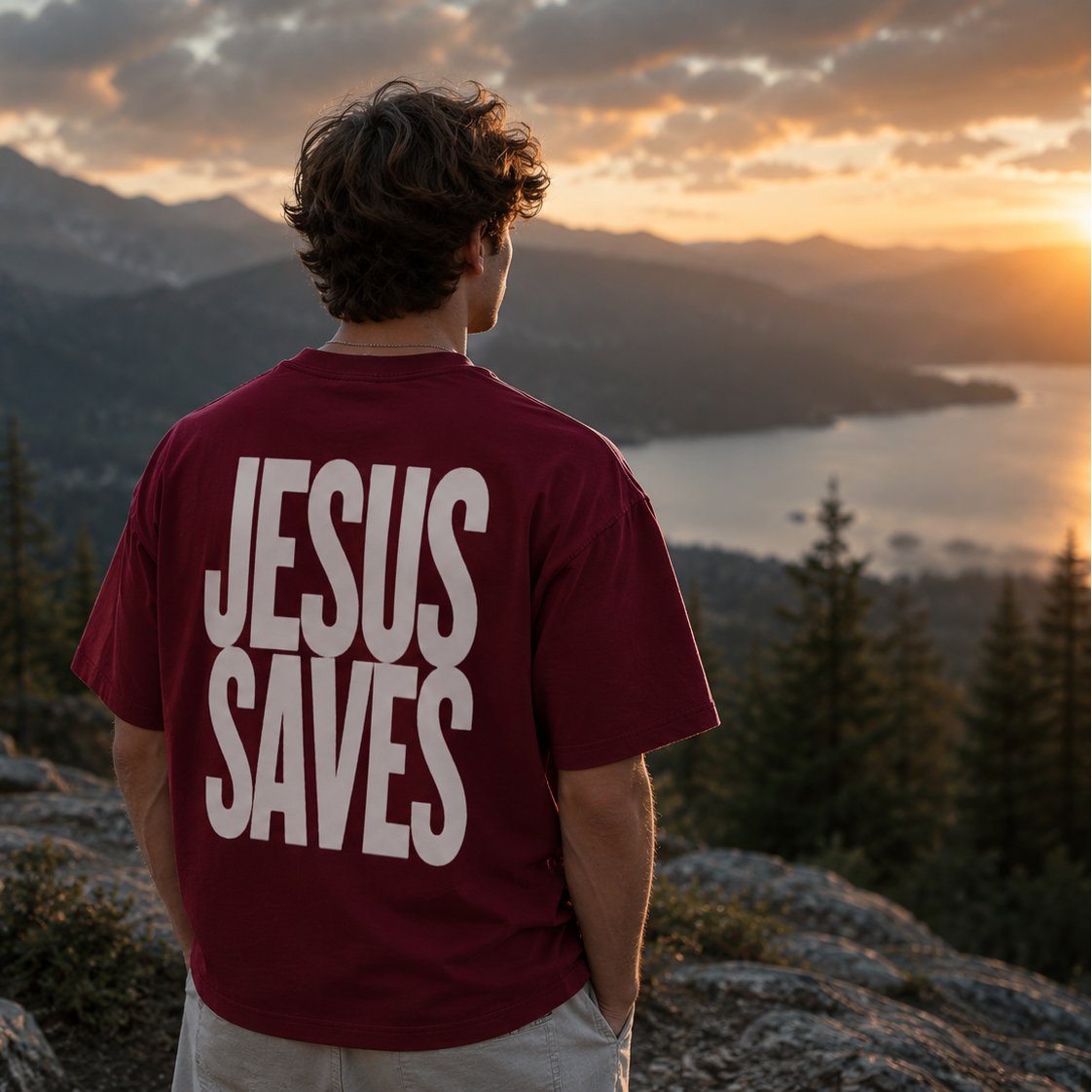 A man viewed from behind wearing a wine red t-shirt with the words 'JESUS SAVES' printed in bold white letters on the back, set against a scenic mountain and lake sunset background.