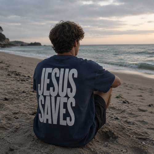 A man sits on a sandy beach facing the ocean, viewed from behind. He is wearing a navy blue t-shirt with the words 'JESUS SAVES' printed in large white letters on the back.