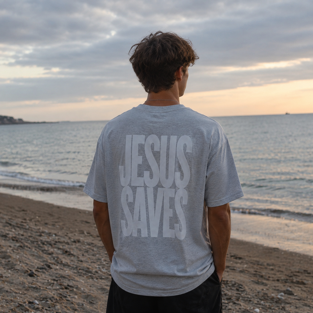 A man standing on a beach, viewed from behind, wearing a white-gray t-shirt with the words 'JESUS SAVES' printed in large white letters on the back.