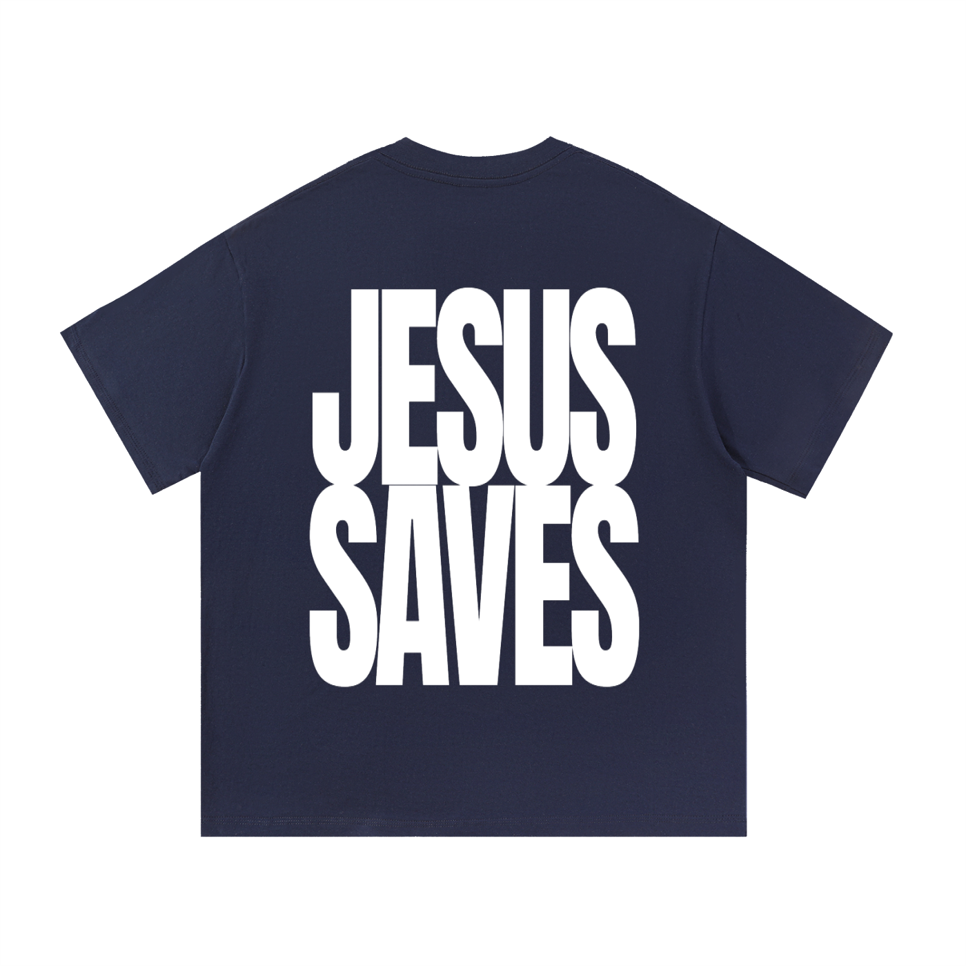 A navy blue short-sleeve t-shirt with the phrase 'JESUS SAVES' printed in large, bold white block letters across the front, shown against a plain white background.