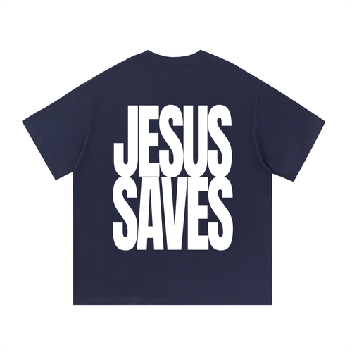 A navy blue short-sleeve t-shirt with the phrase 'JESUS SAVES' printed in large, bold white block letters across the front, shown against a plain white background.