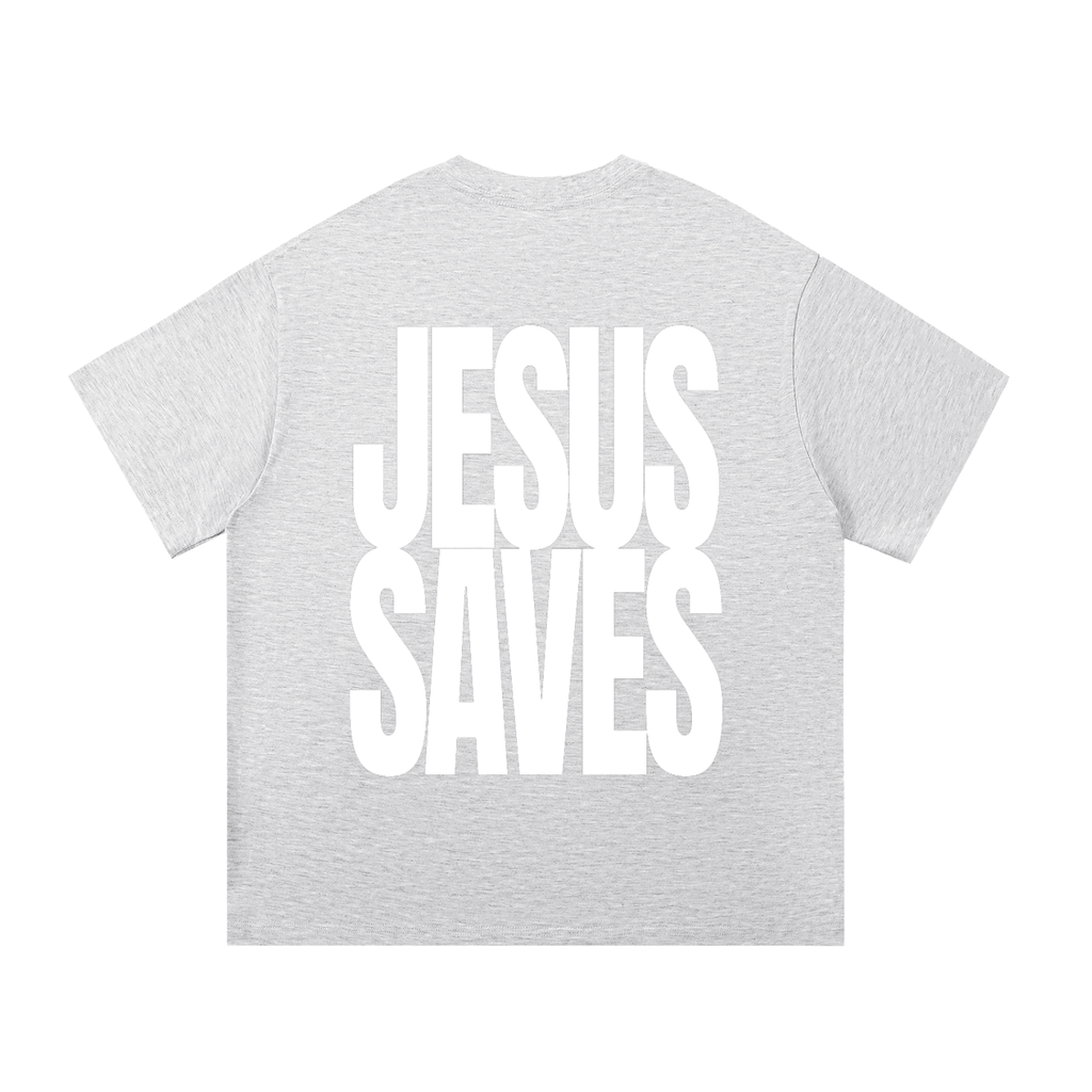 A white-gray short-sleeve t-shirt with the words 'JESUS SAVES' printed in large, bold white block letters across the back.