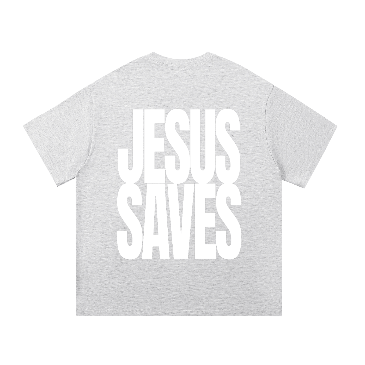A white-gray short-sleeve t-shirt with the words 'JESUS SAVES' printed in large, bold white block letters across the back.