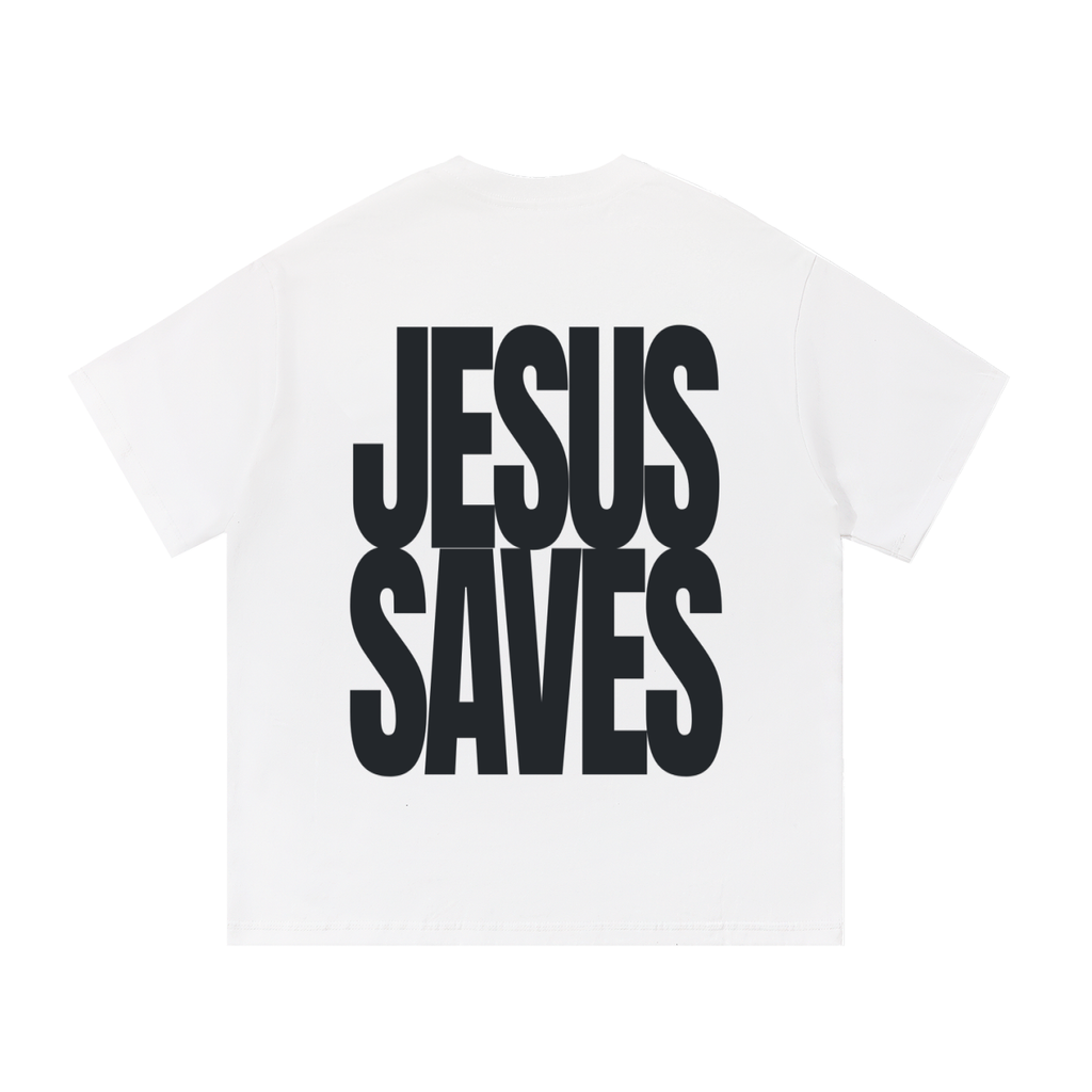 A white short-sleeve t-shirt with the phrase 'JESUS SAVES' printed in large on the back, bold dark grey letters across the front, shown against a plain white background.