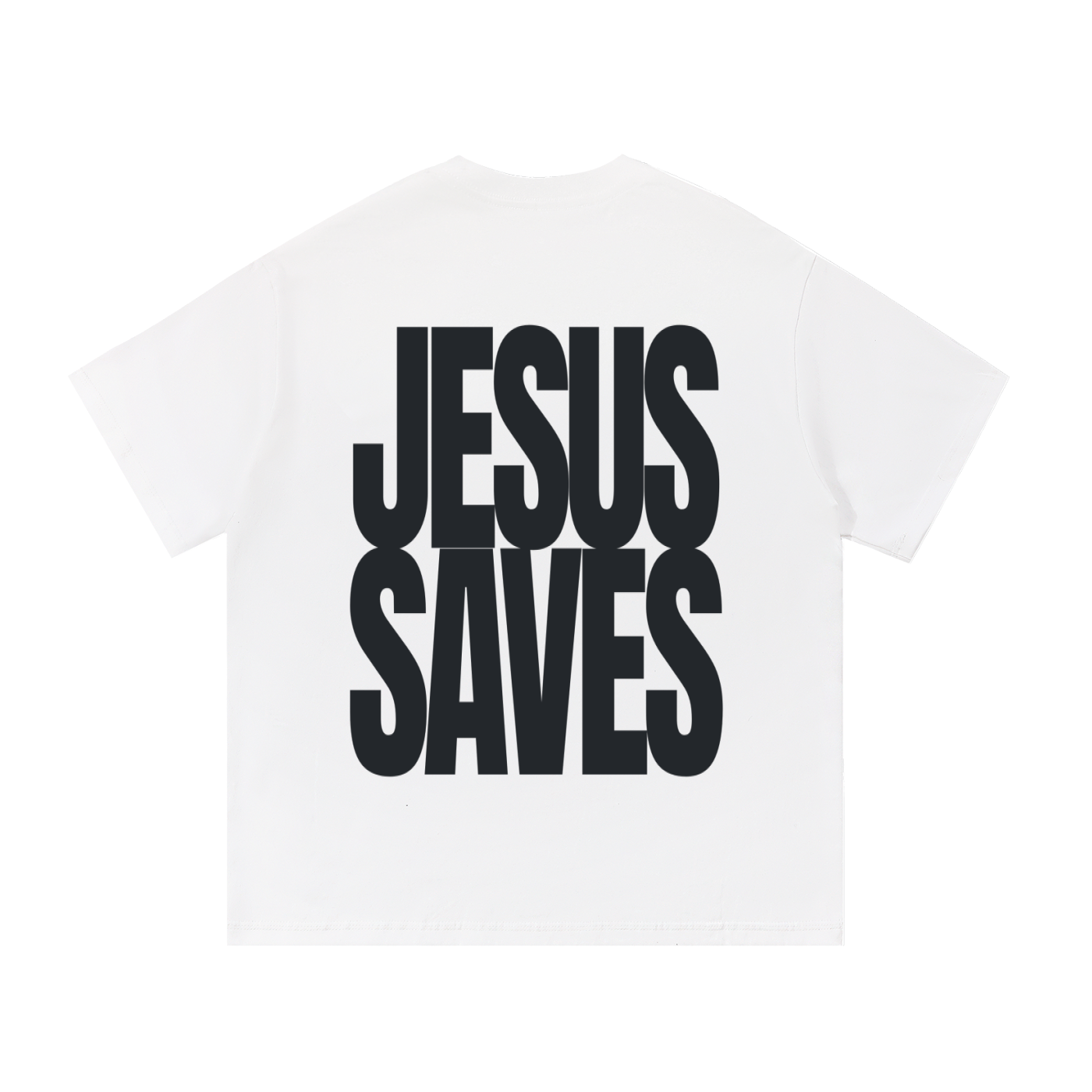 A white short-sleeve t-shirt with the phrase 'JESUS SAVES' printed in large on the back, bold dark grey letters across the front, shown against a plain white background.