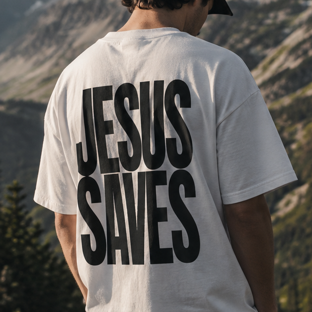 Man seen from behind wearing matching white T-shirts with large dark grey/black text reading 'JESUS SAVES' on the back, set against a mountain landscape.