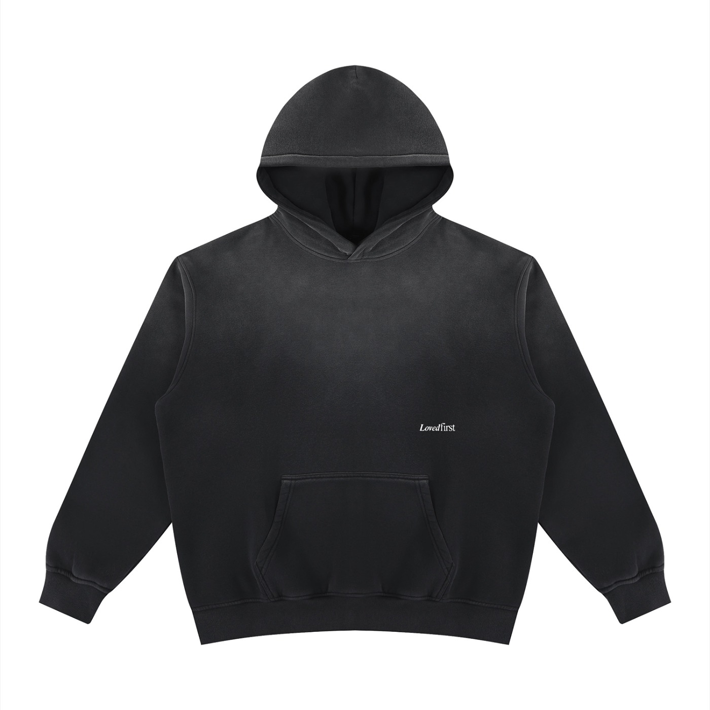 A black washed pullover hoodie with a small white 'LovedFirst' logo on the left chest, displayed against a solid white background.