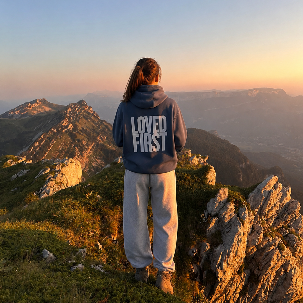 A girl standing on a mountain ridge at sunset, viewed from behind, wearing a slate blue hoodie with 'LOVED FIRST' printed in white on the back and light grey sweatpants.
