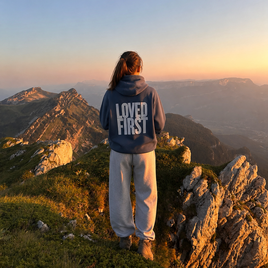 A girl standing on a mountain ridge at sunset, viewed from behind, wearing a slate blue hoodie with 'LOVED FIRST' printed in white on the back and light grey sweatpants.