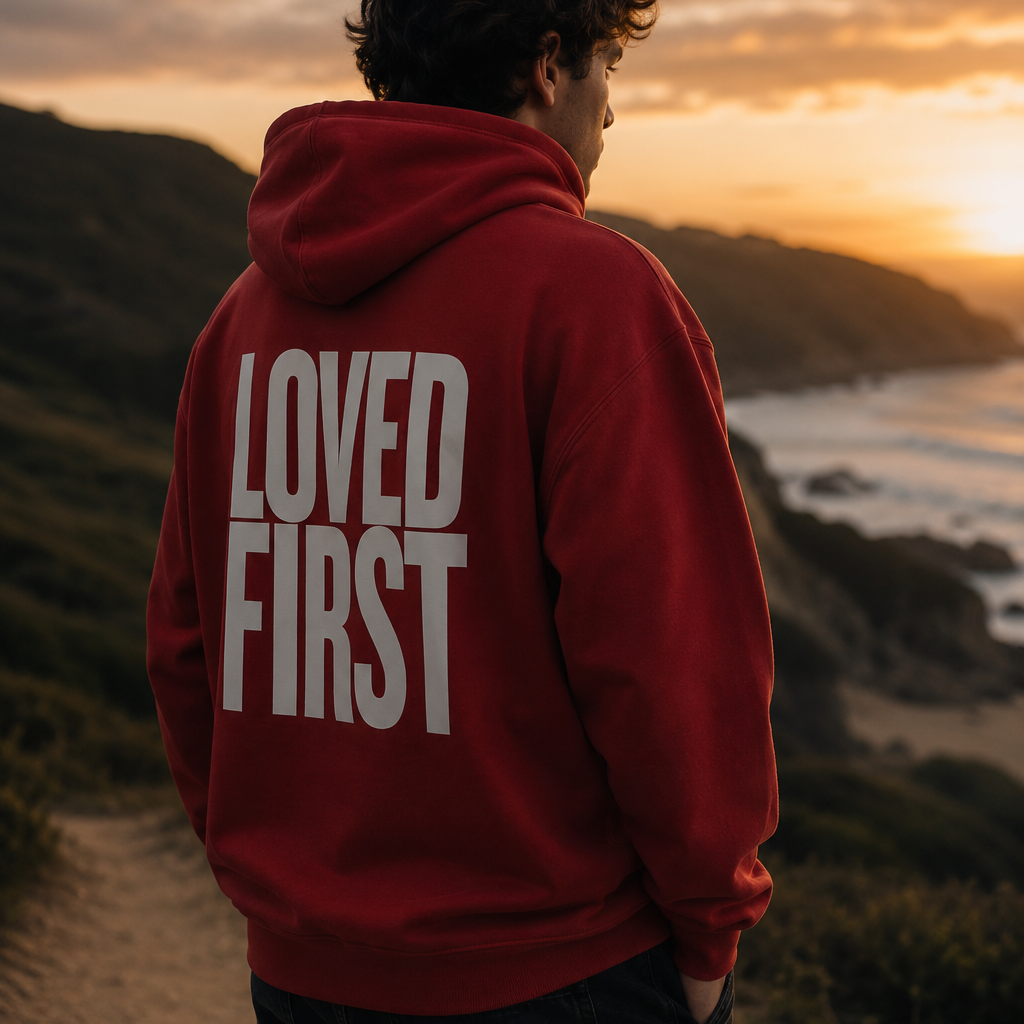 A person standing outdoors on a path at sunset, viewed from behind, wearing a red hoodie with large white text reading 'LOVED FIRST' on the back. The background shows a coastal landscape with hills, ocean, and dramatic clouds.