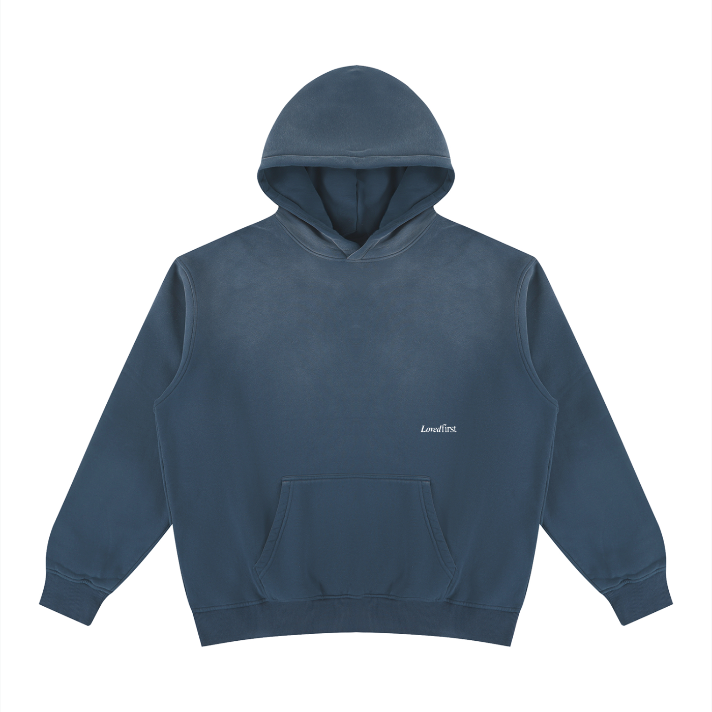 A Washed Blue blue pullover hoodie with a small white printed 'LovedFirst' logo on the left chest, displayed on a clean white background.