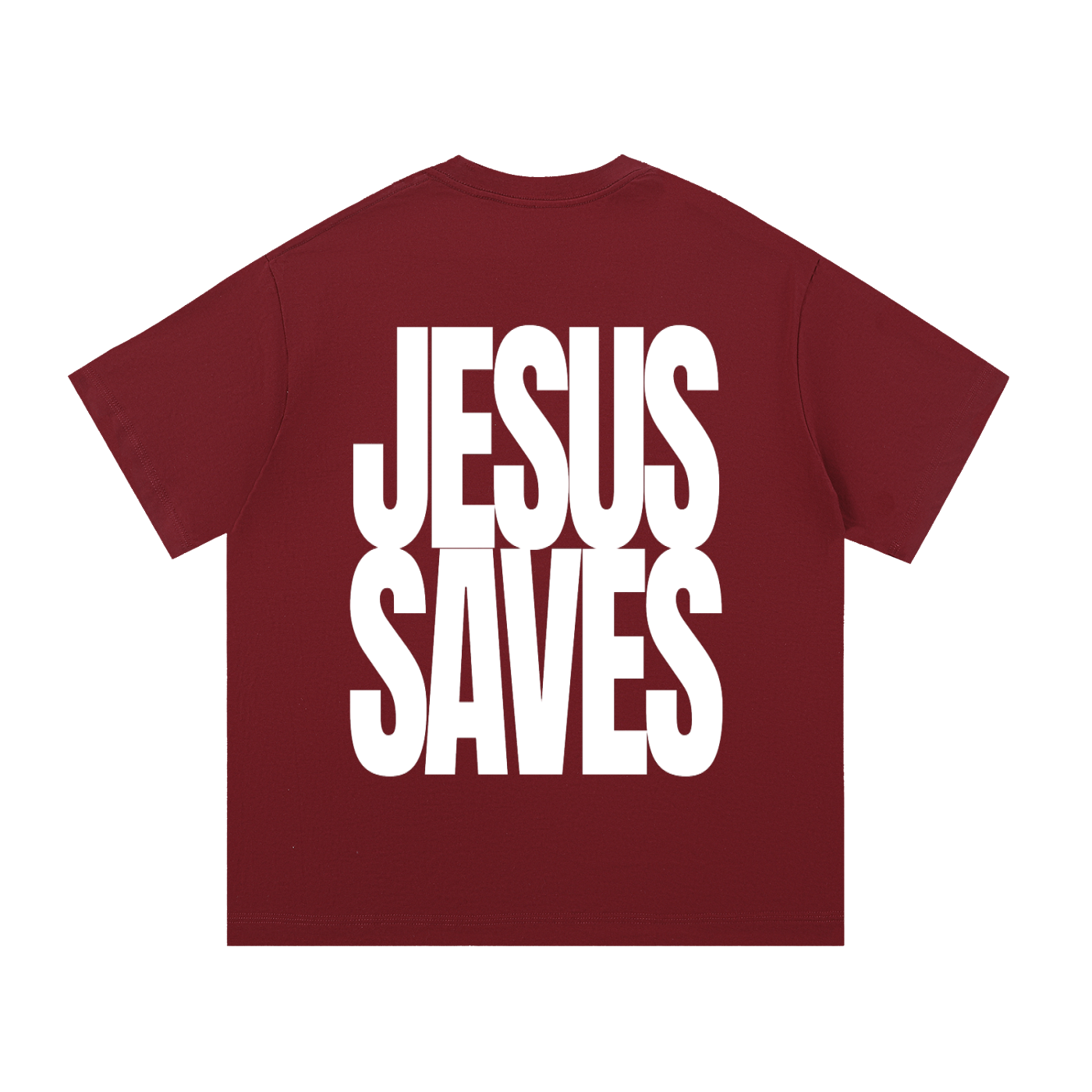 A wine red short-sleeve t-shirt with the phrase 'JESUS SAVES' printed in large, bold white block letters across the front, shown against a plain white background.